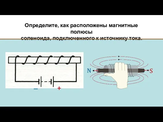 Определите, как расположены магнитные полюсы соленоида, подключенного к источнику тока. + –