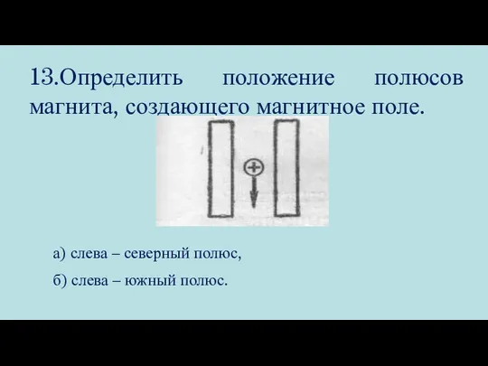 13.Определить положение полюсов магнита, создающего магнитное поле. а) слева – северный