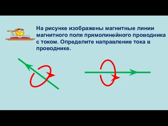 На рисунке изображены магнитные линии магнитного поля прямолинейного проводника с током. Определите направление тока в проводнике.