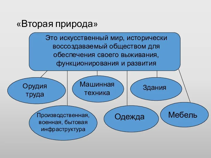 «Вторая природа» Это искусственный мир, исторически воссоздаваемый обществом для обеспечения своего