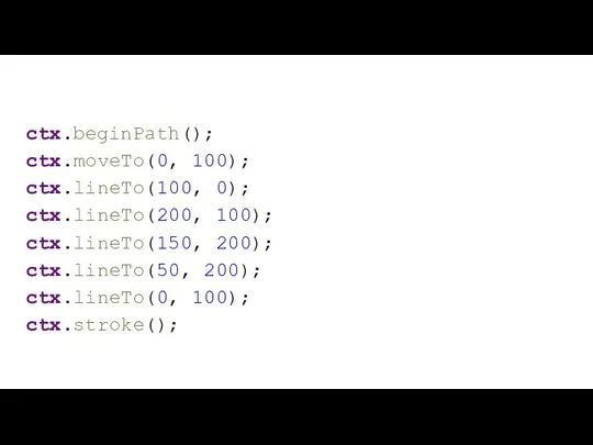 ctx.beginPath(); ctx.moveTo(0, 100); ctx.lineTo(100, 0); ctx.lineTo(200, 100); ctx.lineTo(150, 200); ctx.lineTo(50, 200); ctx.lineTo(0, 100); ctx.stroke();