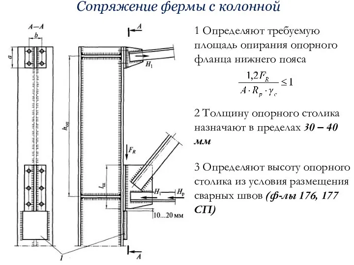 Сопряжение фермы с колонной 1 Определяют требуемую площадь опирания опорного фланца