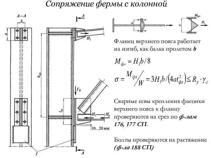 Сопряжение фермы с колонной Фланец верхнего пояса работает на изгиб, как