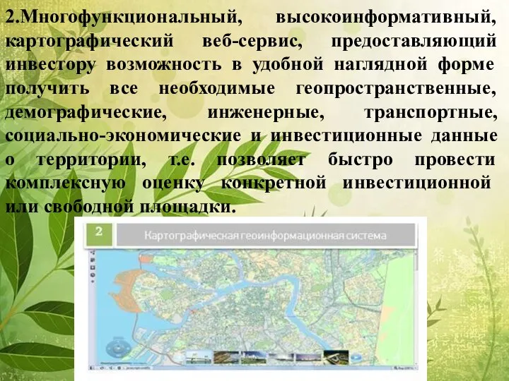 2.Многофункциональный, высокоинформативный, картографический веб-сервис, предоставляющий инвестору возможность в удобной наглядной форме