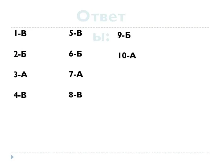 Ответы: 1-В 2-Б 3-А 4-В 5-В 6-Б 7-А 8-В 9-Б 10-А