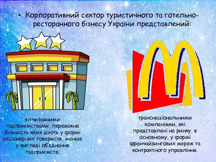 Корпоративний сектор туристичного та готельно-ресторанного бізнесу України представлений: вітчизняними підприємствами, переважна