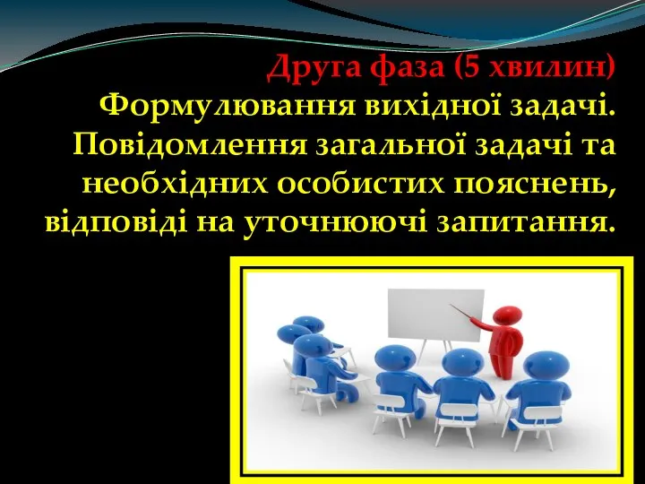 Друга фаза (5 хвилин) Формулювання вихідної задачі. Повідомлення загальної задачі та