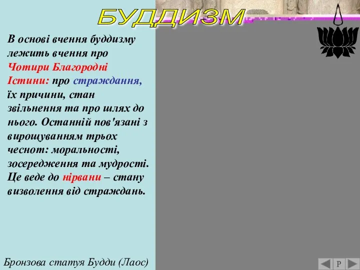 БУДДИЗМ Бронзова статуя Будди (Лаос) В основі вчення буддизму лежить вчення