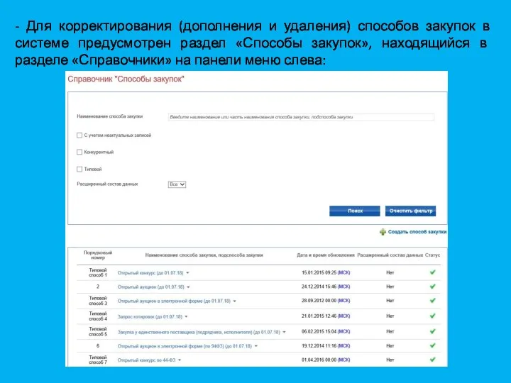 - Для корректирования (дополнения и удаления) способов закупок в системе предусмотрен