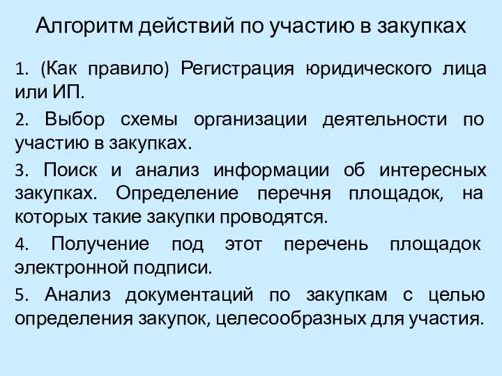 Алгоритм действий по участию в закупках 1. (Как правило) Регистрация юридического