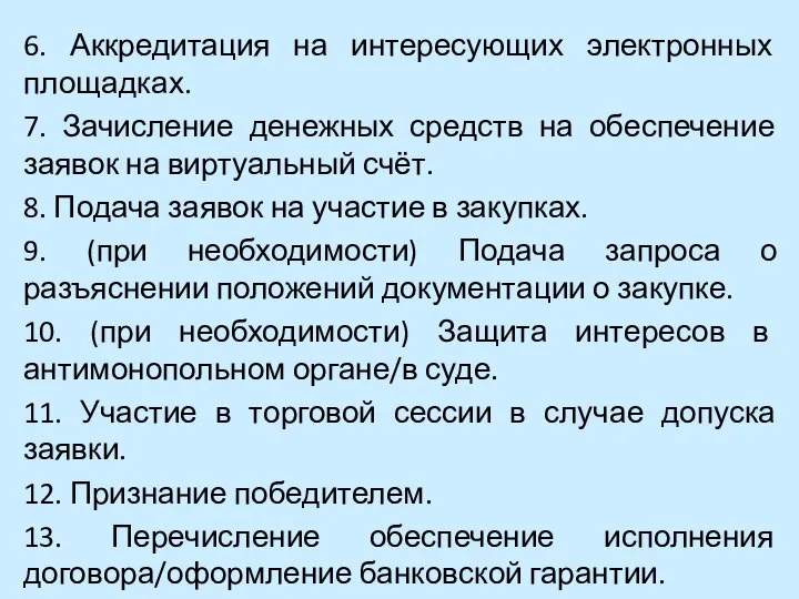 6. Аккредитация на интересующих электронных площадках. 7. Зачисление денежных средств на