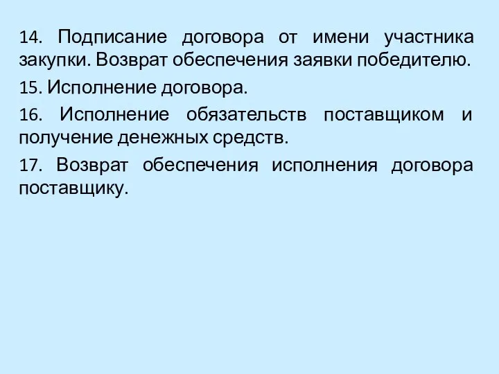 14. Подписание договора от имени участника закупки. Возврат обеспечения заявки победителю.