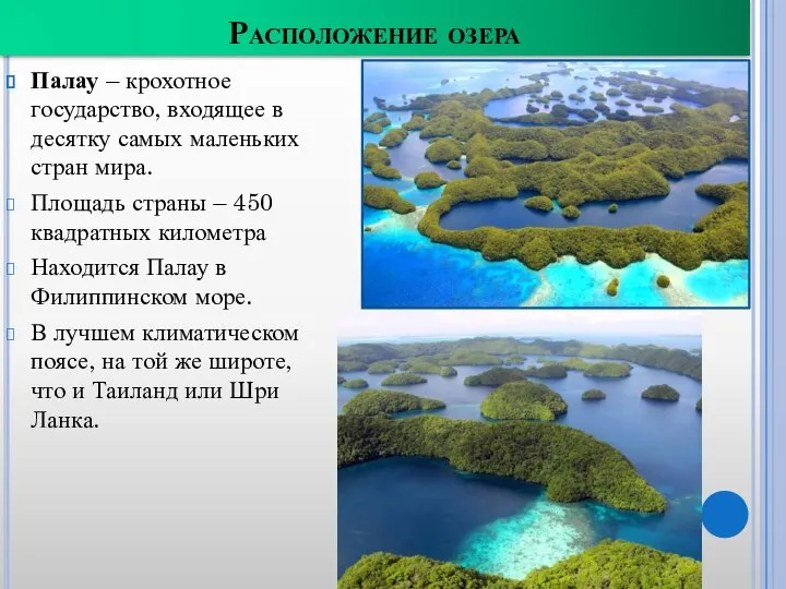 Расположение озера Палау – крохотное государство, входящее в десятку самых маленьких