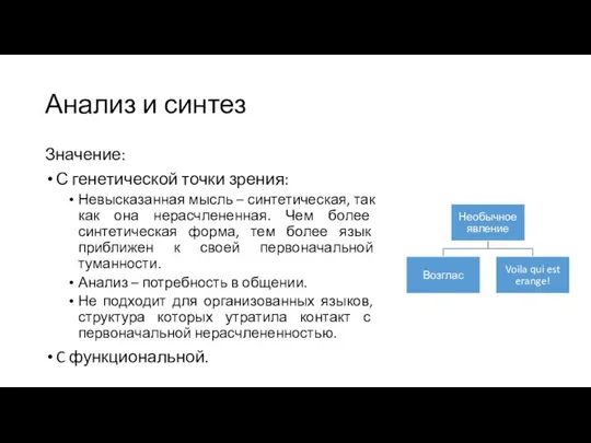 Анализ и синтез Значение: С генетической точки зрения: Невысказанная мысль –