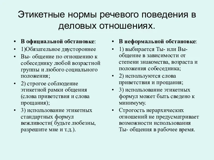 Этикетные нормы речевого поведения в деловых отношениях. В официальной обстановке: 1)Обязательное