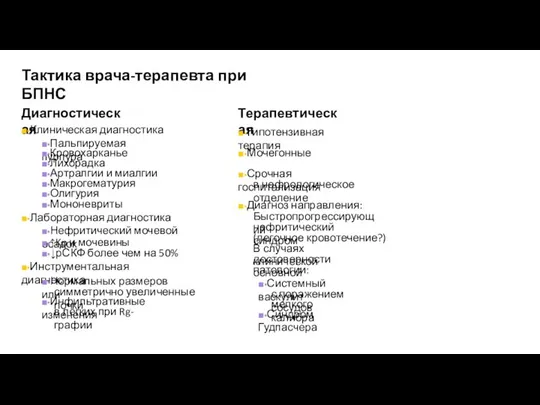 Тактика врача-терапевта при БПНС Диагностическая ■▪Клиническая диагностика ■▪Пальпируемая пурпура ■▪Кровохарканье ■▪Лихорадка