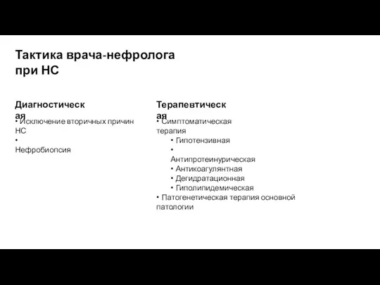 Тактика врача-нефролога при НС Диагностическая Терапевтическая • Исключение вторичных причин НС