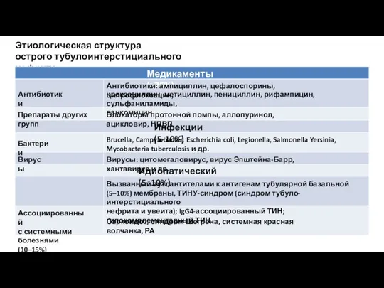 Этиологическая структура острого тубулоинтерстициального нефрита Медикаменты (>75%) Антибиотики Антибиотики: ампициллин, цефалоспорины,