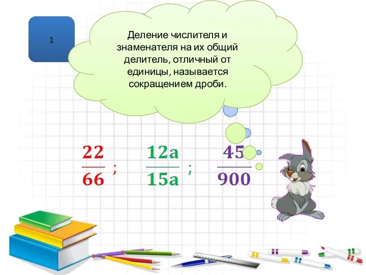 1 Сокращение дроби Деление числителя и знаменателя на их общий делитель,