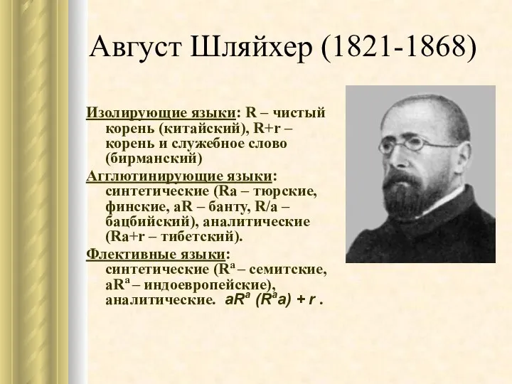 Август Шляйхер (1821-1868) Изолирующие языки: R – чистый корень (китайский), R+r