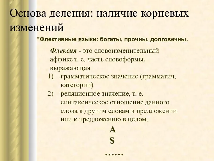 Основа деления: наличие корневых изменений *Флективные языки: богаты, прочны, долговечны. Флексия