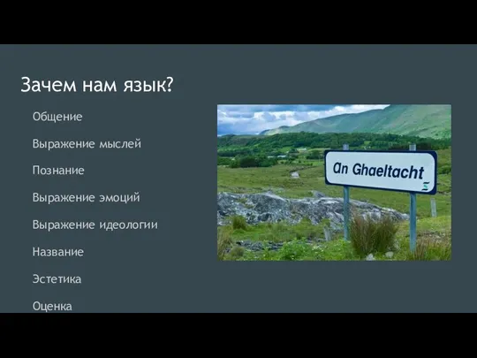 Зачем нам язык? Общение Выражение мыслей Познание Выражение эмоций Выражение идеологии Название Эстетика Оценка И прочее...