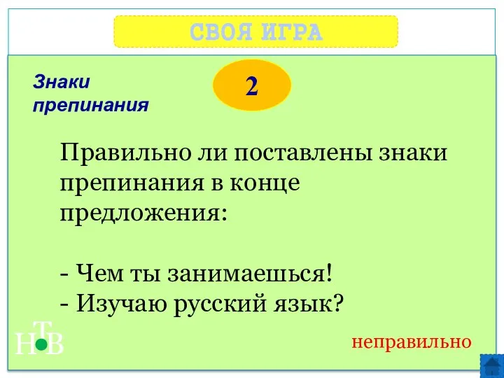 СВОЯ ИГРА Н Т В 2 неправильно Правильно ли поставлены знаки