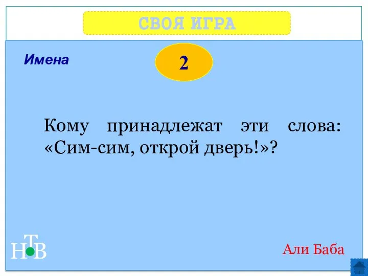 СВОЯ ИГРА Н Т В 2 Имена Кому принадлежат эти слова: «Сим-сим, открой дверь!»? Али Баба