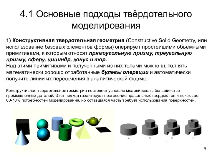 4.1 Основные подходы твёрдотельного моделирования 1) Конструктивная твердотельная геометрия (Constructive Solid