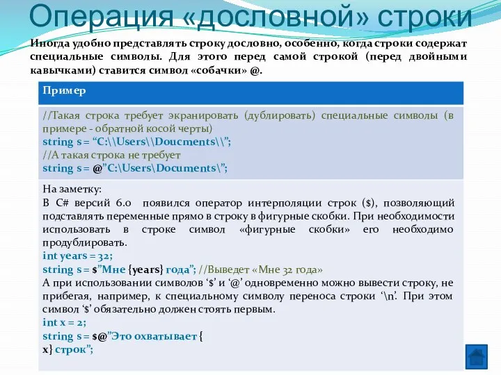 Иногда удобно представлять строку дословно, особенно, когда строки содержат специальные символы.