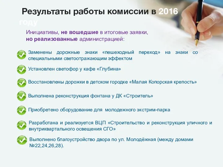 Результаты работы комиссии в 2016 году Инициативы, не вошедшие в итоговые заявки, но реализованные администрацией: