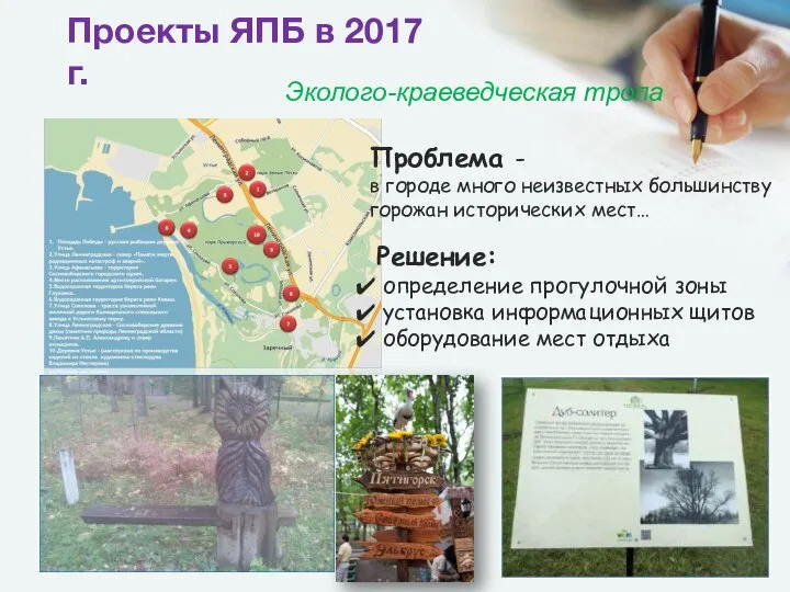 Эколого-краеведческая тропа Проекты ЯПБ в 2017 г. Проблема - в городе