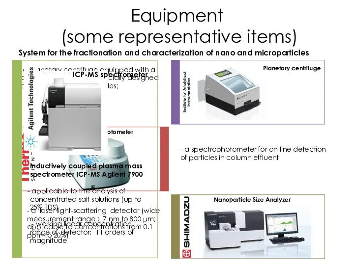 Equipment (some representative items) System for the fractionation and characterization of