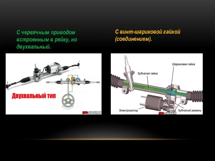 С червячным приводом встроенным в рейку, но двухвальный. С винт-шариковой гайкой (соединением).