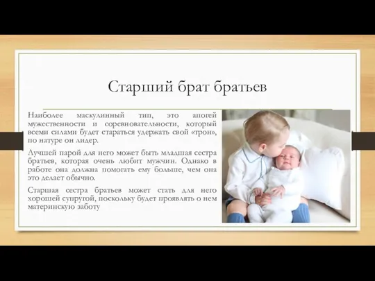 Старший брат братьев Наиболее маскулинный тип, это апогей мужественности и соревновательности,