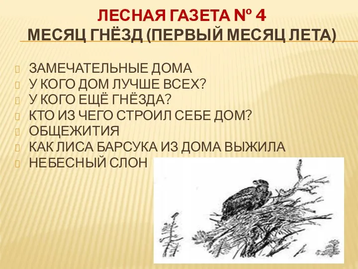 ЛЕСНАЯ ГАЗЕТА № 4 МЕСЯЦ ГНЁЗД (ПЕРВЫЙ МЕСЯЦ ЛЕТА) ЗАМЕЧАТЕЛЬНЫЕ ДОМА