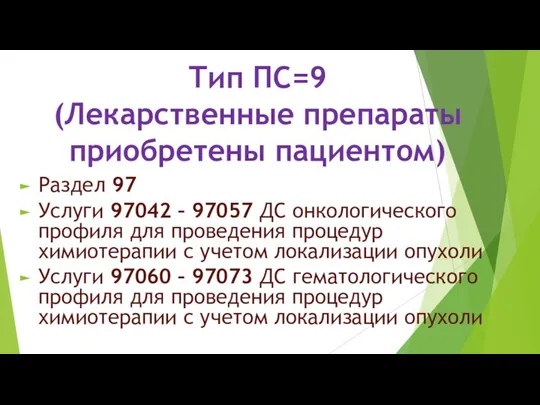 Тип ПС=9 (Лекарственные препараты приобретены пациентом) Раздел 97 Услуги 97042 –