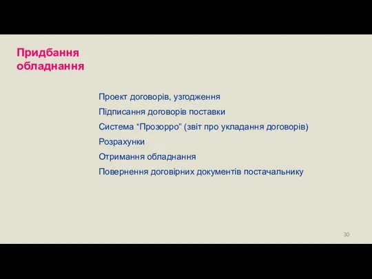 Придбання обладнання Проект договорів, узгодження Підписання договорів поставки Система “Прозорро” (звіт