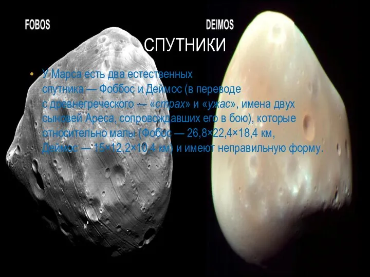 У Марса есть два естественных спутника — Фоббос и Деймос (в