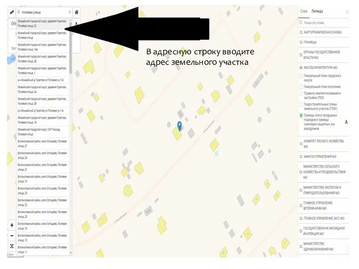В адресную строку вводите адрес земельного участка