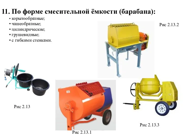 11. По форме смесительной ёмкости (барабана): корытообразные; чашеобразные; цилиндрические; грушевидные; с