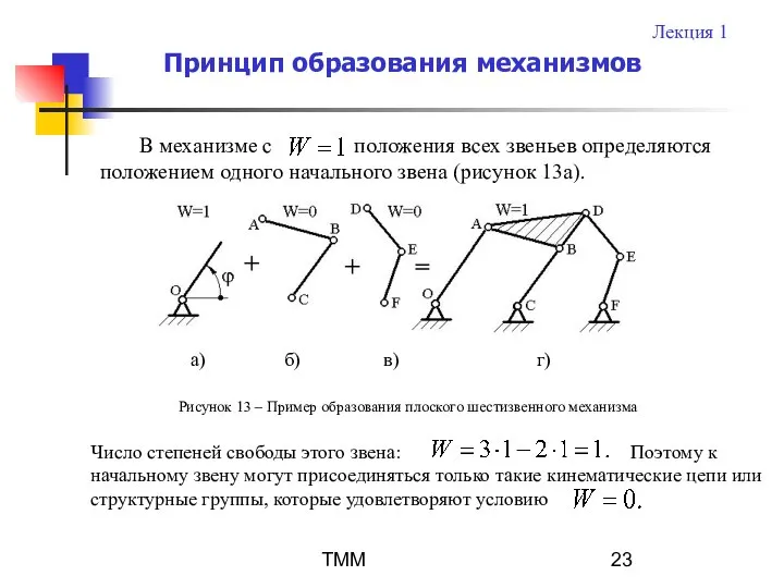 ТММ В механизме с положения всех звеньев определяются положением одного начального