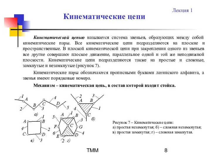 ТММ Кинематической цепью называется система звеньев, образующих между собой кинематические пары.