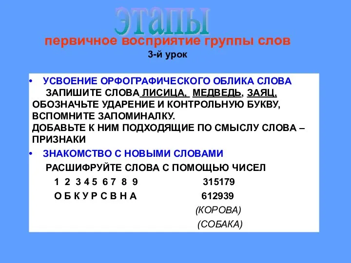 первичное восприятие группы слов 3-й урок этапы УСВОЕНИЕ ОРФОГРАФИЧЕСКОГО ОБЛИКА СЛОВА