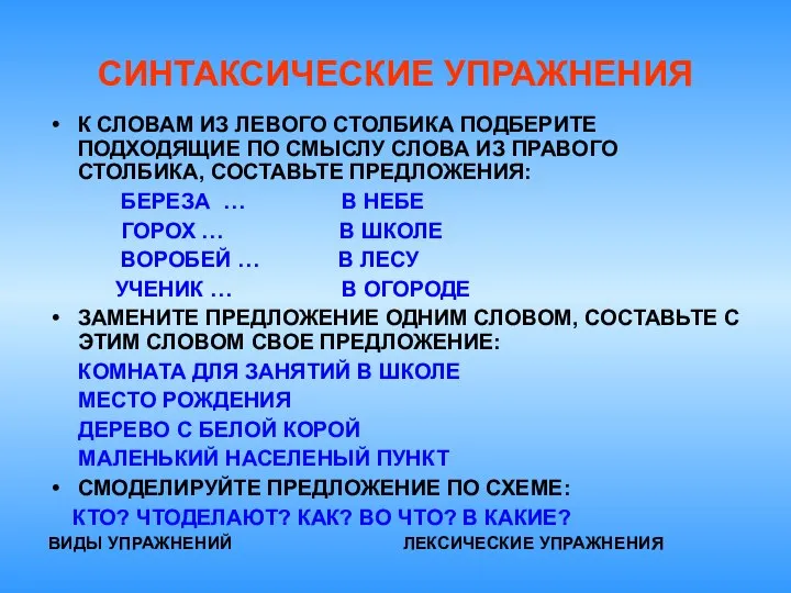 СИНТАКСИЧЕСКИЕ УПРАЖНЕНИЯ К СЛОВАМ ИЗ ЛЕВОГО СТОЛБИКА ПОДБЕРИТЕ ПОДХОДЯЩИЕ ПО СМЫСЛУ