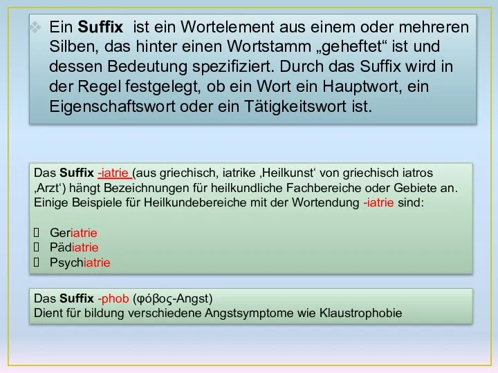 Ein Suffix ist ein Wortelement aus einem oder mehreren Silben, das