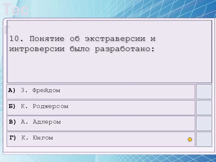 10. Понятие об экстраверсии и интроверсии было разработано: А) 3. Фрейдом