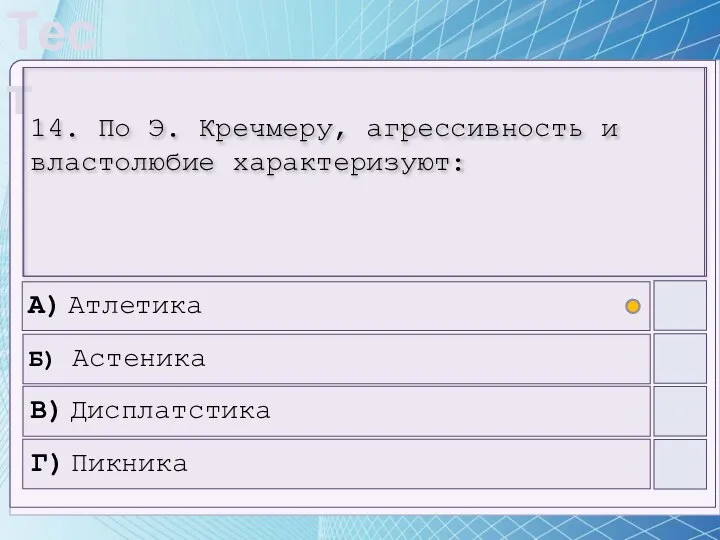 14. По Э. Кречмеру, агрессивность и властолюбие характеризуют: А) Атлетика Б) Астеника В) Дисплатстика Г) Пикника