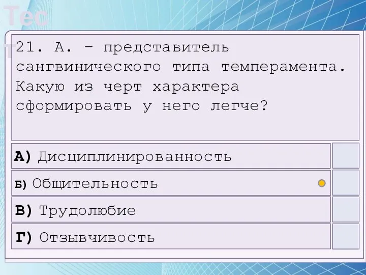 А) Дисциплинированность Б) Общительность В) Трудолюбие Г) Отзывчивость 21. А. –