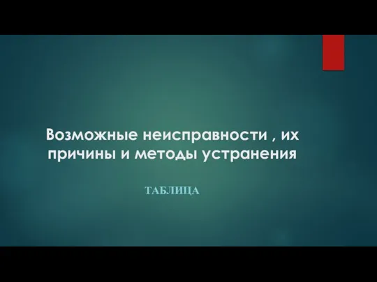 Возможные неисправности , их причины и методы устранения ТАБЛИЦА